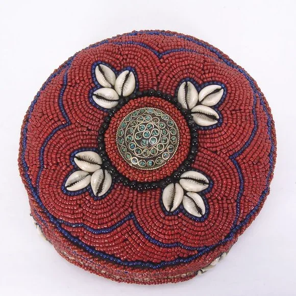 BEADED COWIRE SHELL SILVER TURQUOISE CULTURAL ETHNIC TRIBAL HAT HAND MADE Hats